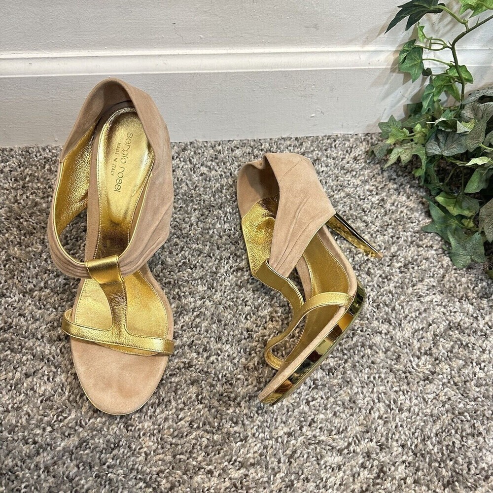 Sergio Rossi Shaira T-Strap Sandals Heels Tan Suede Gold Leather Sz 40.5 US 9.5